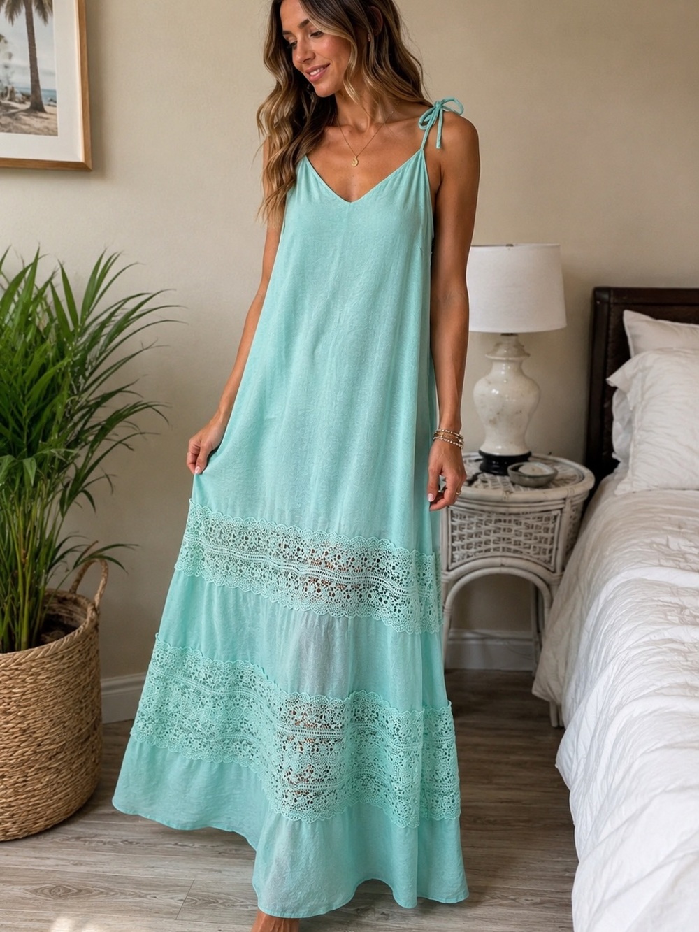 🔹 Elan Mint Teal Lace Maxi Dress Size Small VGUC